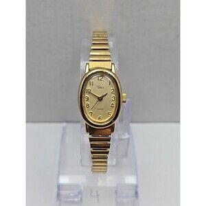 Timex Cavatina Gold Tone Oval Womens Quartz Watch Stretch Band New Battery Dress